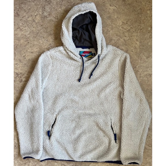 Chubbies Mens Sherpa Fleece Hoodie Cream Navy Blue Pullover Large Zipper Pockets - Picture 2 of 9